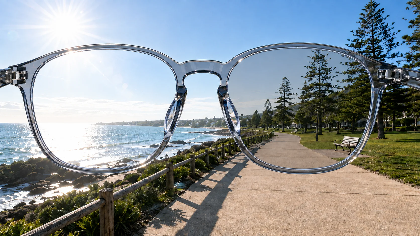 A bright beach walkway seen through a clear and lightly activated photochromic lens comparison