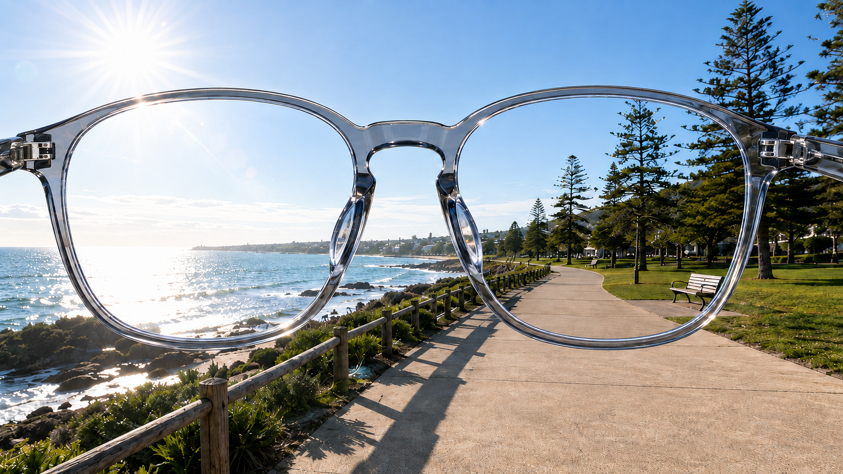 A bright coastal walkway with a clear lens and an adaptive photochromic lens comparison